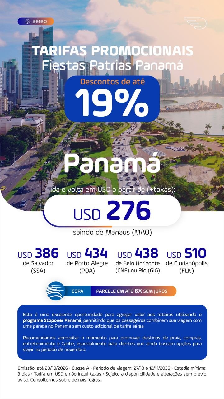Tarifa promocional: Panamá · saindo de Manaus